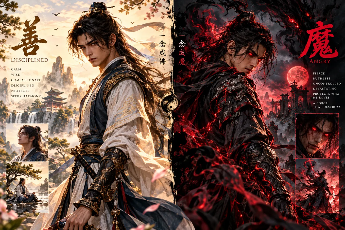Two Paths: Disciplined / Angry, character art · duality study by Creowix